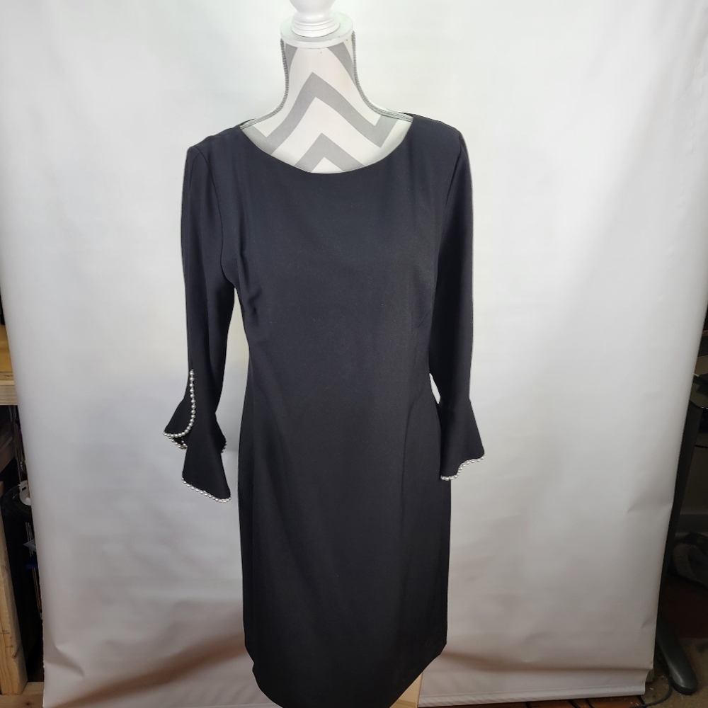 Karl Lagerfeld LBD Pearl Accented Flutter 3/4 Sleeves Zip Back Bottom Slit S 10